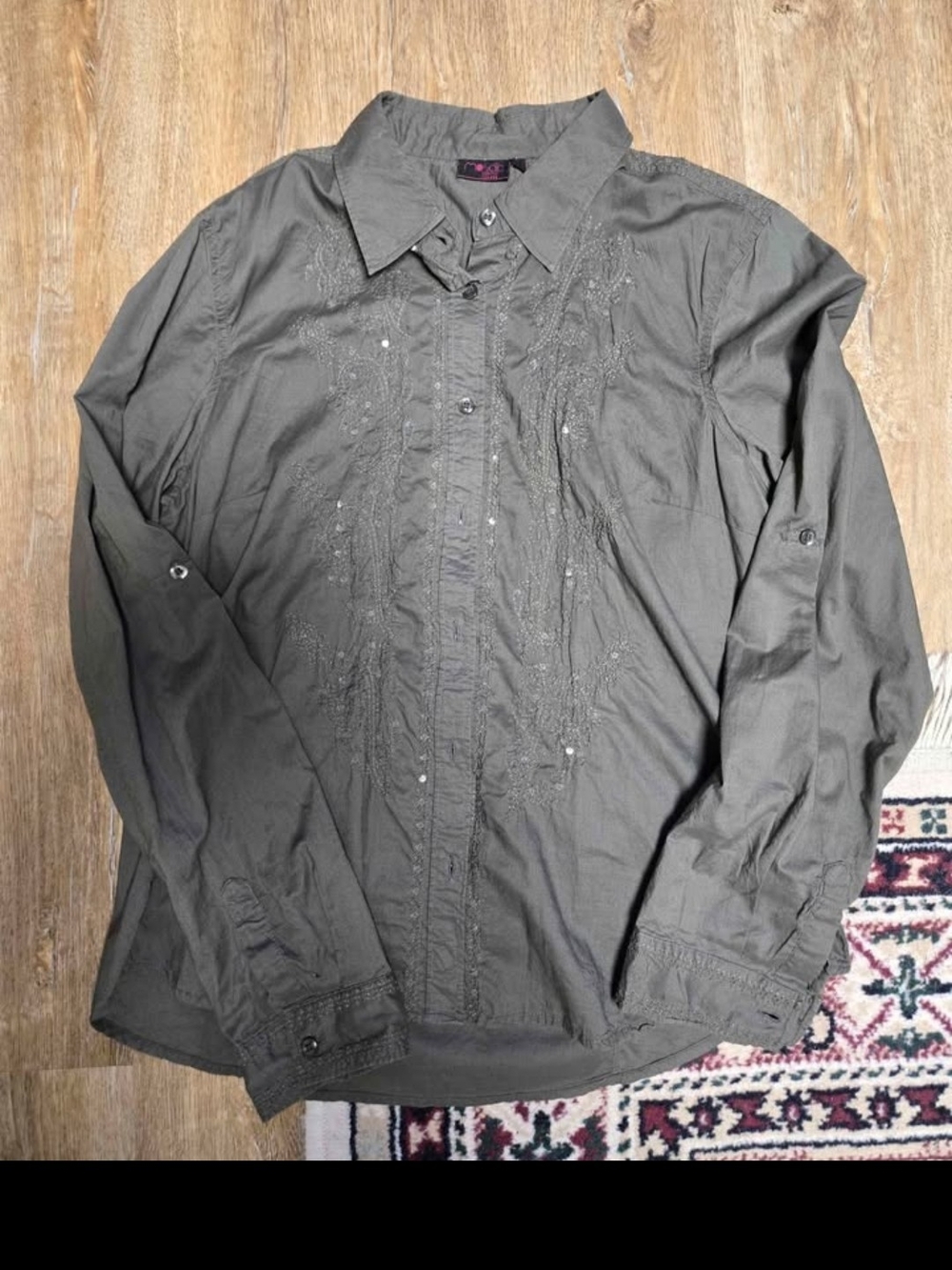 Olive Embroidered Lightweight Button-Up Shirt Jacket - Women